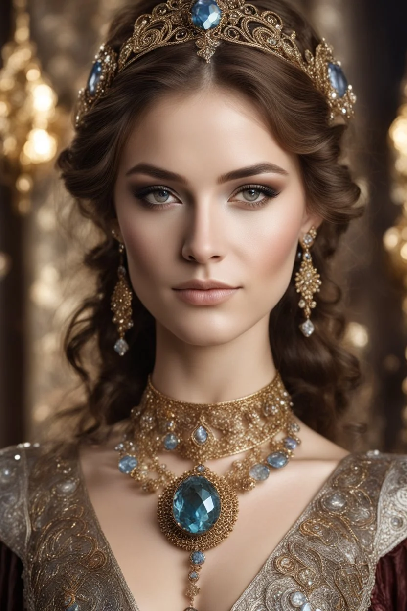 Half body photography cinematic realistic portrait ,natural beauty,natural colors, of young woman, smiling, beautiful, shiny grey eyes, make up, Victorian Byzantine style, shiny baubles, ornate, large gemstones, shiny molten metalics, shiny wire filigree, brown hair, high definition