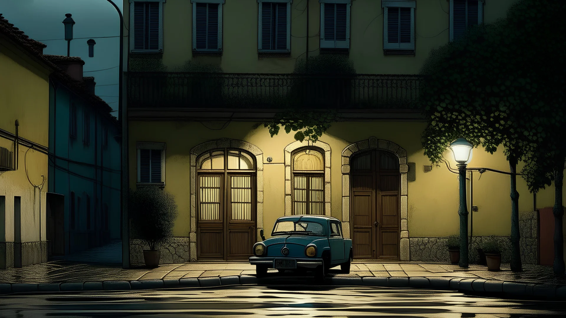 car on a street, rainy day in the early morning