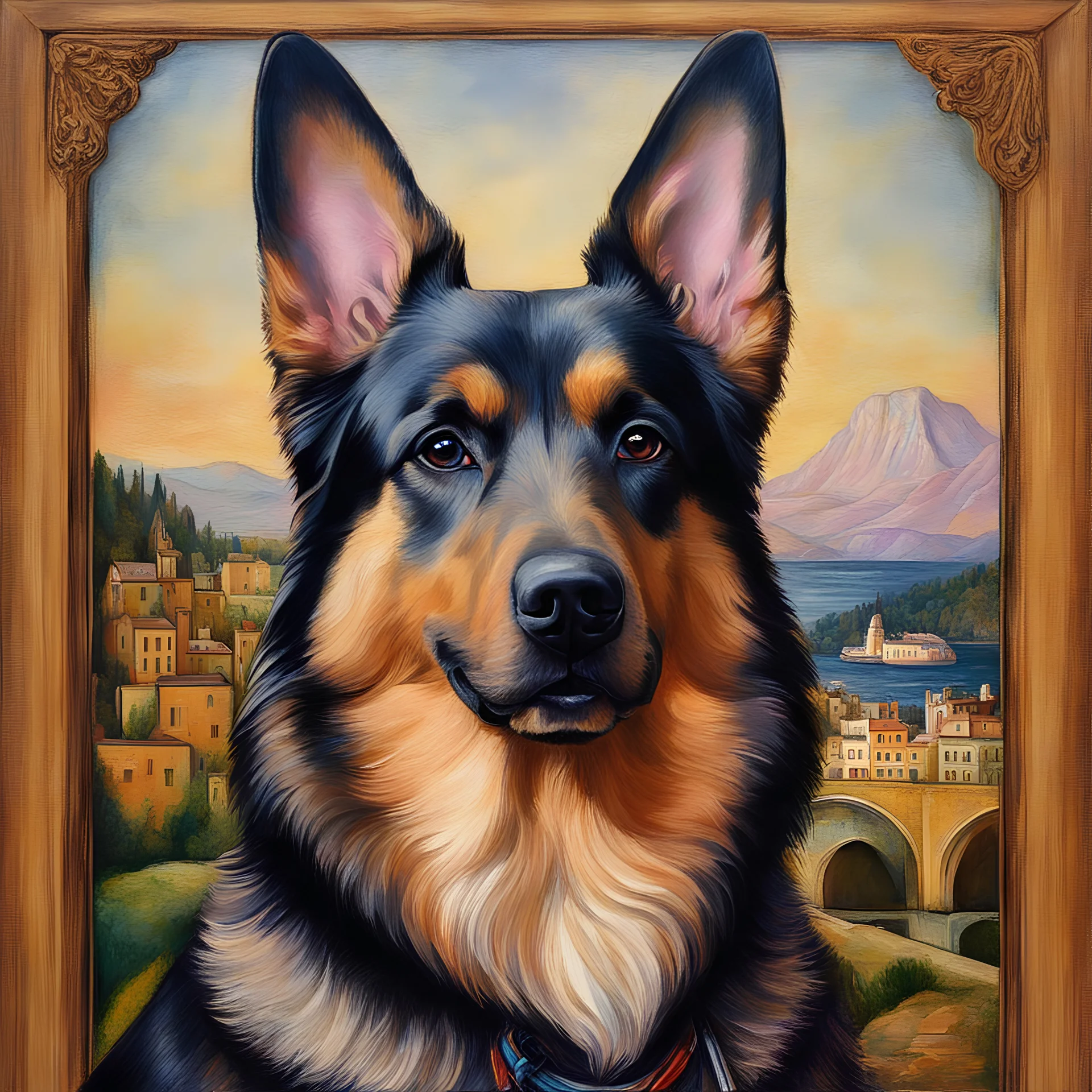 /imagine prompt: paint a German Shepherd dog into a unique masterpiece in the likeness of the Mona Lisa featuring her enigmatic smile on the dog by artist Leonardo DaVinci. The German Shepherd dog is to look like the Mona Lisa in this interpretation. Utilise crayons as the medium, capture the essence of DaVinci's iconic style.