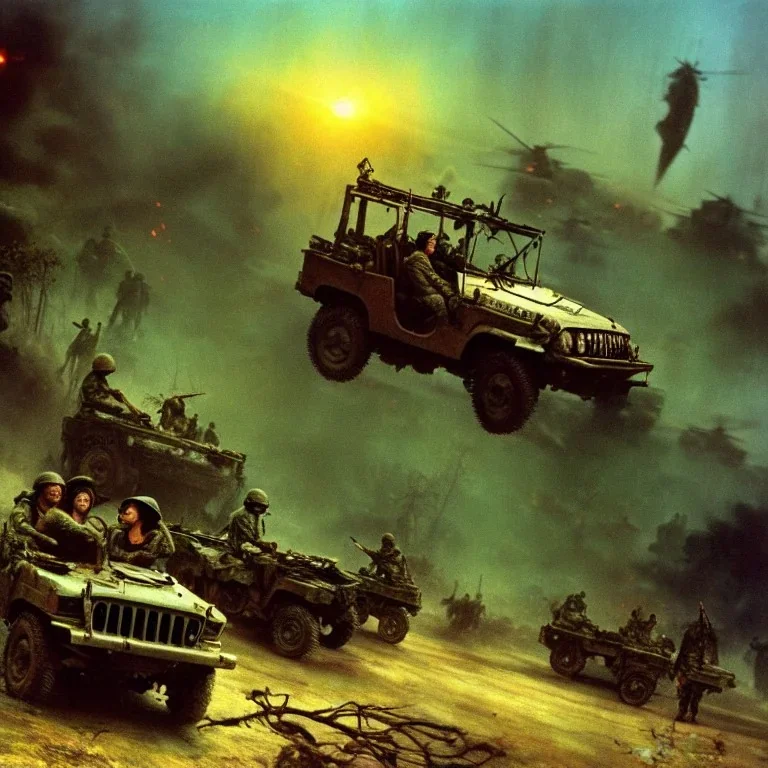 vietnam war. war report. jeep in jungle. poster. bokeh. lens flare. warm lights. high detailed. beksinski