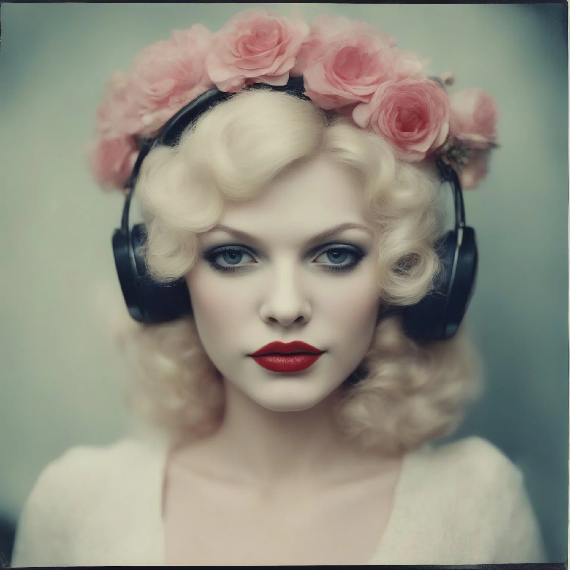 Grunge Polaroid head shot of doll-faced jean harlow, natural pouty lips, red nose, hair adorned with flowers, rosy cheeks and rosy nose, headphone