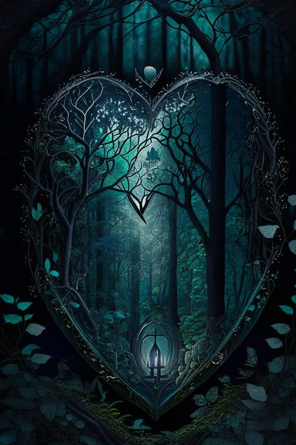 dark fantasy, intricate cover, a whimsical fairytale, heart made of glass with dark forest inside