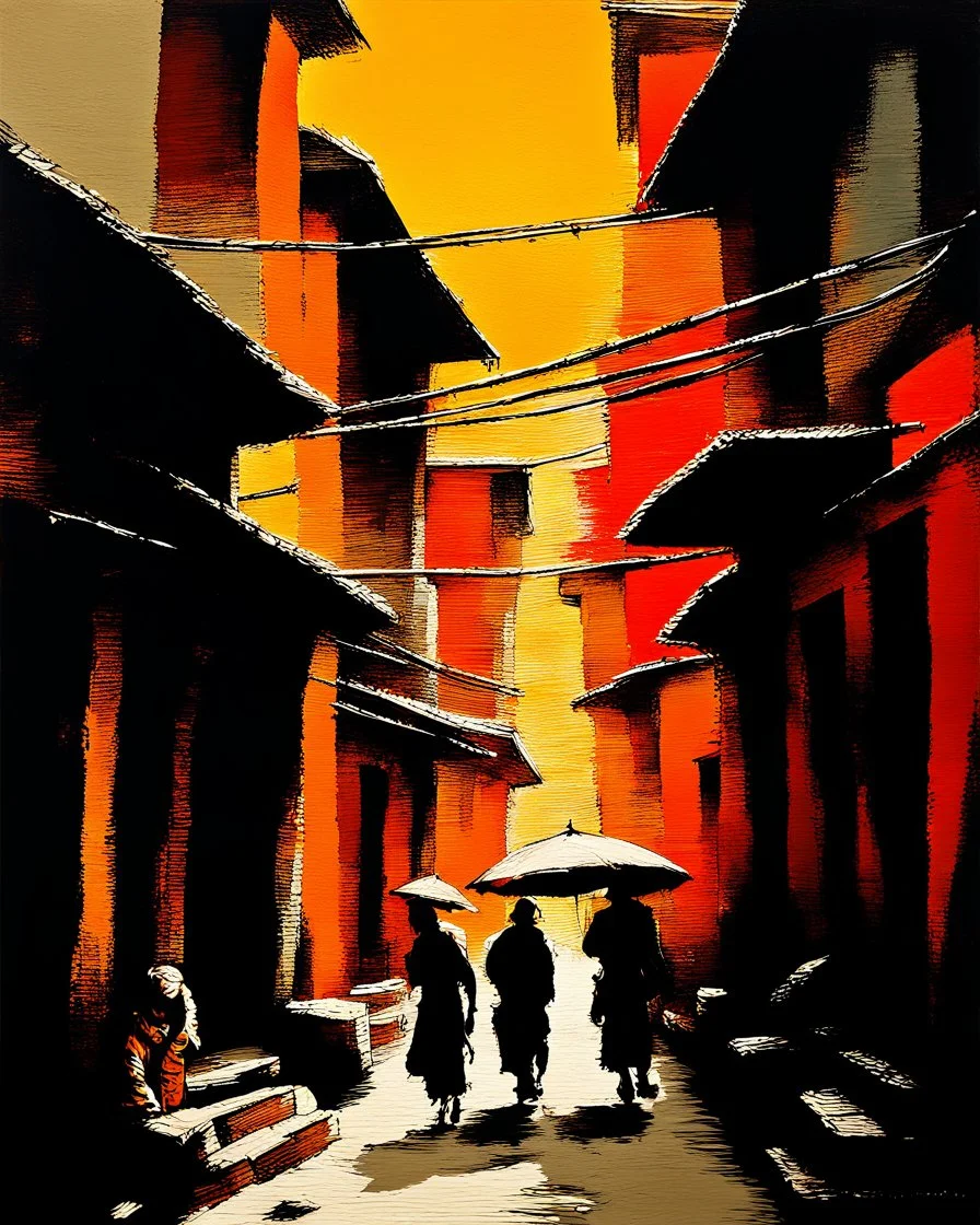bustling medieval Kathmandu street, thick impasto painting, centered, minimalist, thick sparse brushstrokes, bold colors of orange, beige, yellow, red and black, sporadic tint ink leaks, perfect verticals, amazing parallel
