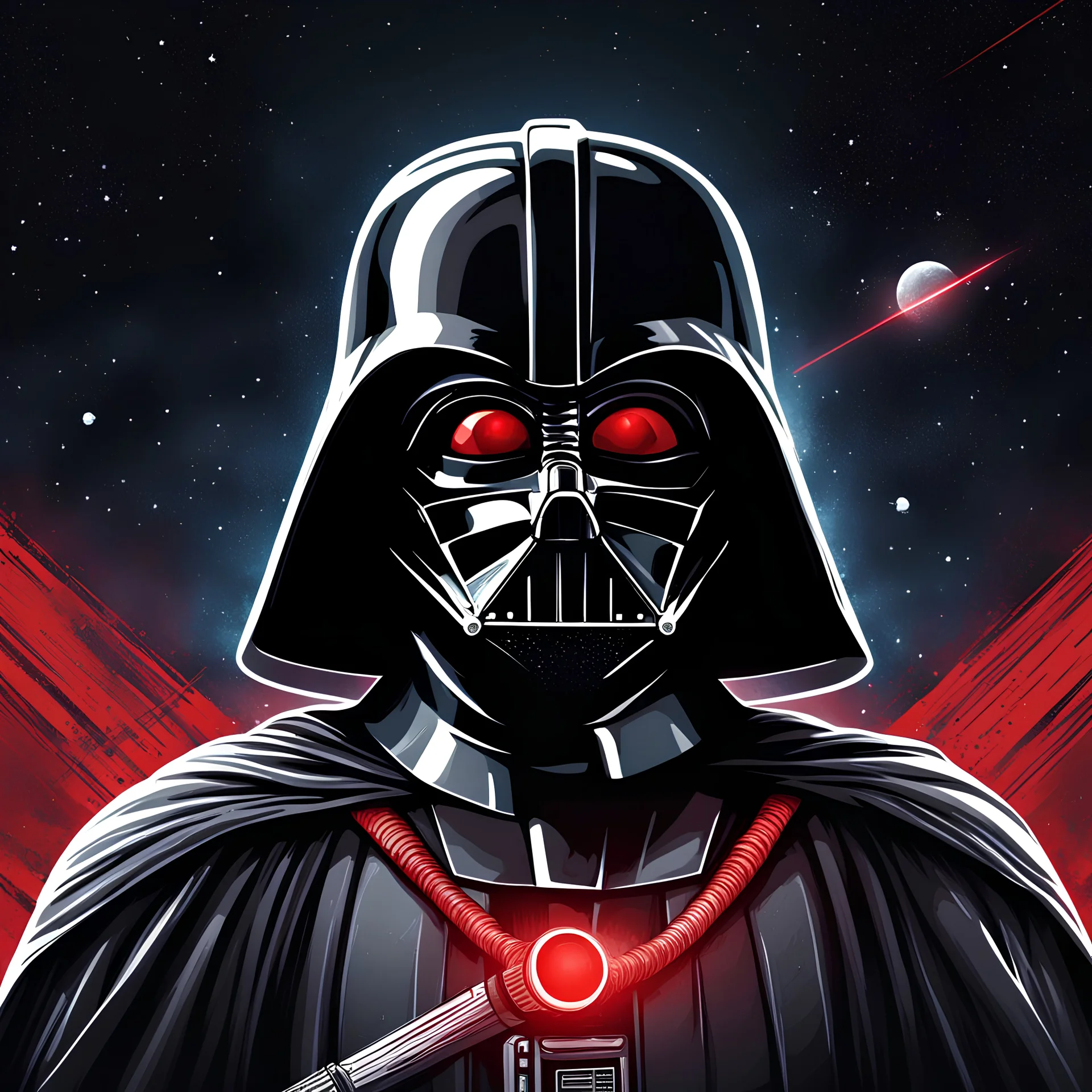 digital illustration of darth vader, space background, badasss, ultra cool, dark ambient, red eyes