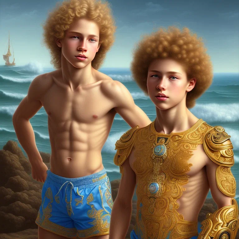 intricate, sharp focus, highly detailed, digital painting, Paul Lewin and Kehinde Wiley, full body image of a beautiful 12 year old boy with long, blonde curly hair and light blue eyes, smiling, shirtless, in front of an distant beach