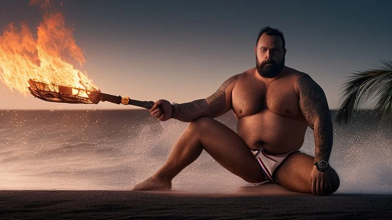 photography of a sicilian baywatcher burly sweat chubby 44 years old , swimwear, manly chest ,tattoo, curly hairs, long beard, sitting on a beach chairs at the beach at midnight , illuminated by bonfire, photorealistic, 8k, Canon EOS, 35mm lens, , unreal engine, greg rutkowski, loish, rhads, beeple, makoto shinkai and lois van baarle, ilya kuvshinov, rossdraws, tom bagshaw, alphonse mucha, global illumination, detailed and intricate environment