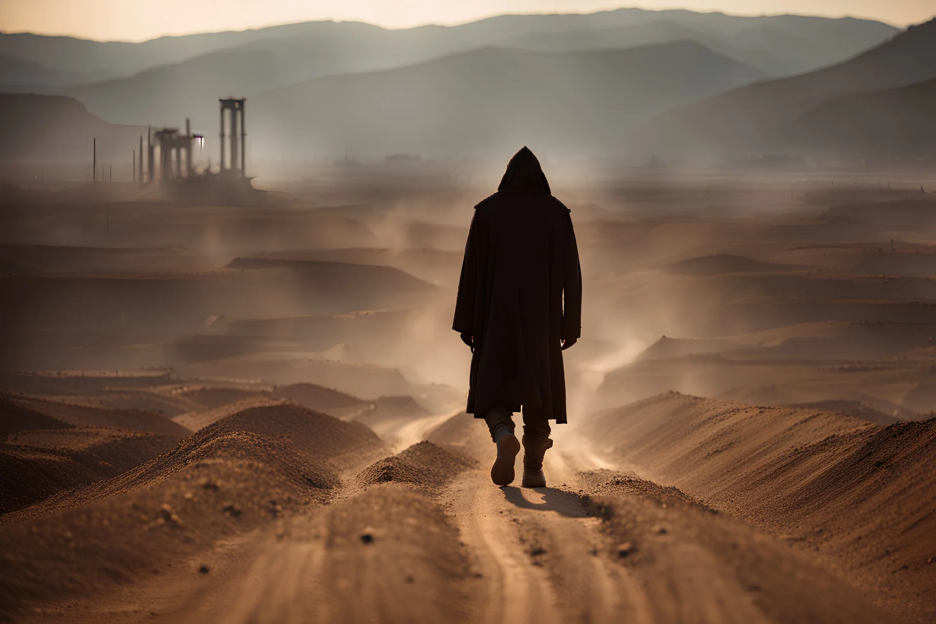 hooded stranger walking the dusty wasteland, mechanical legs
