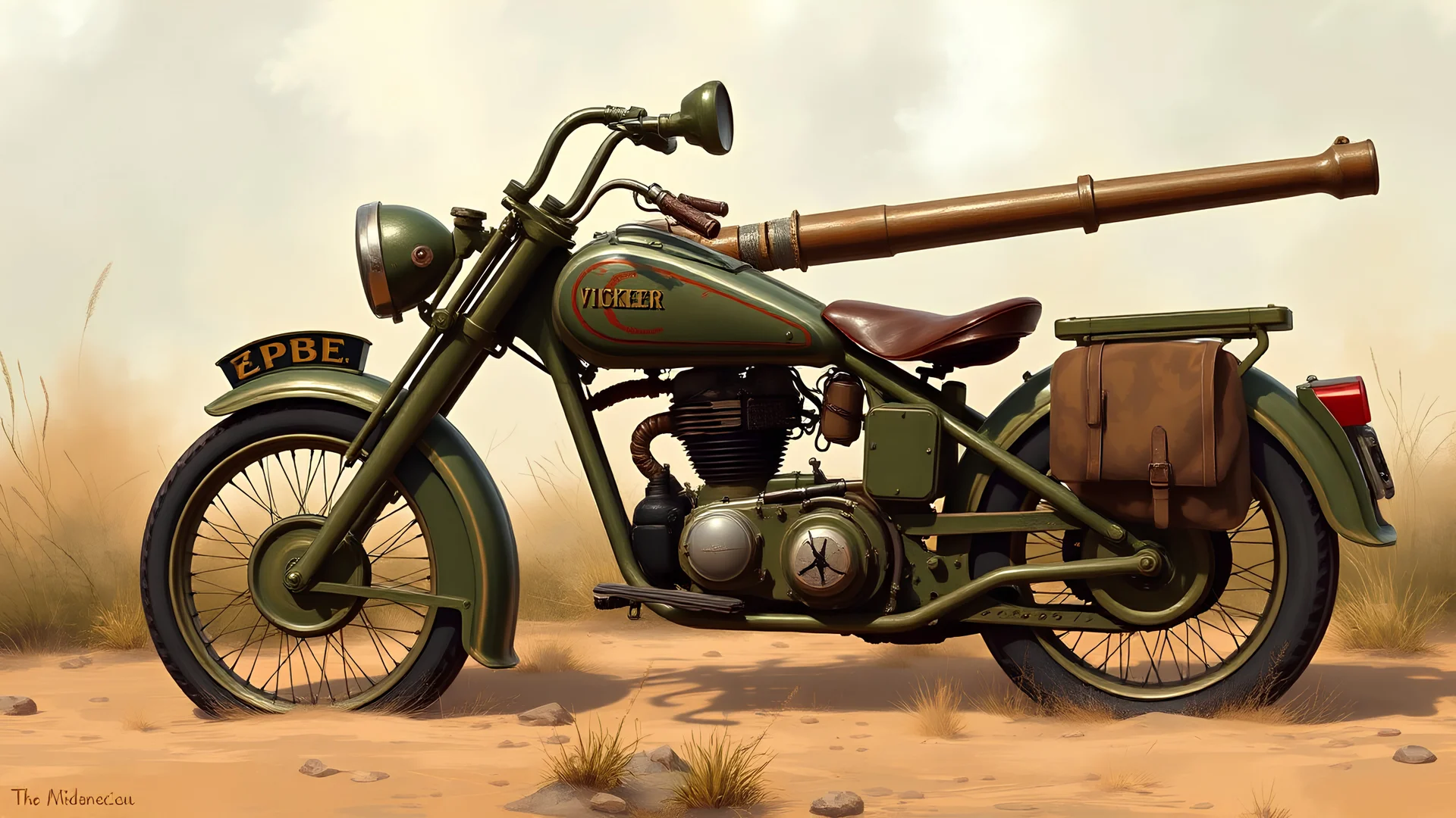 Vector Illustration. Old Motorcycle. Greek Armed Forces military 1920 AD. Vickers Old Big machine gun. Digital Painting. Military old maxim machine gun on