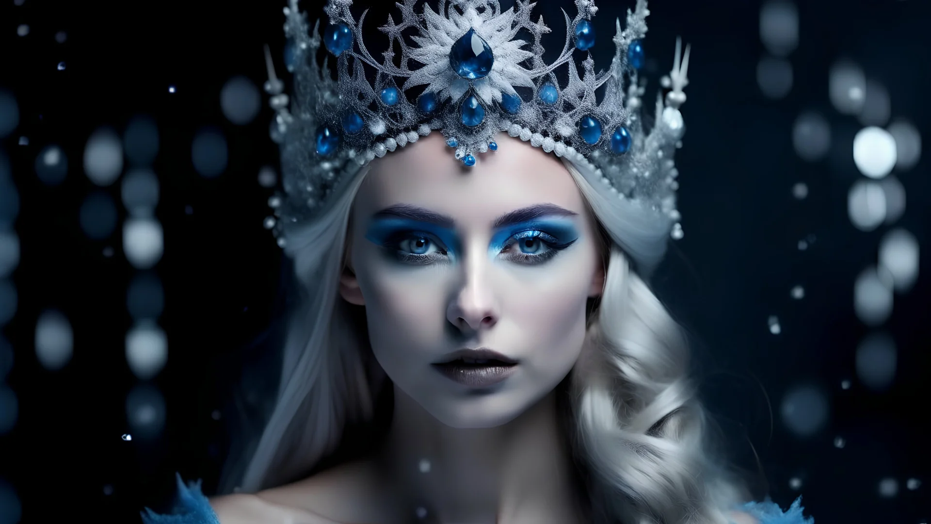 Beautiful and mystical snow queen, with crown on head adorned with blue gemstones