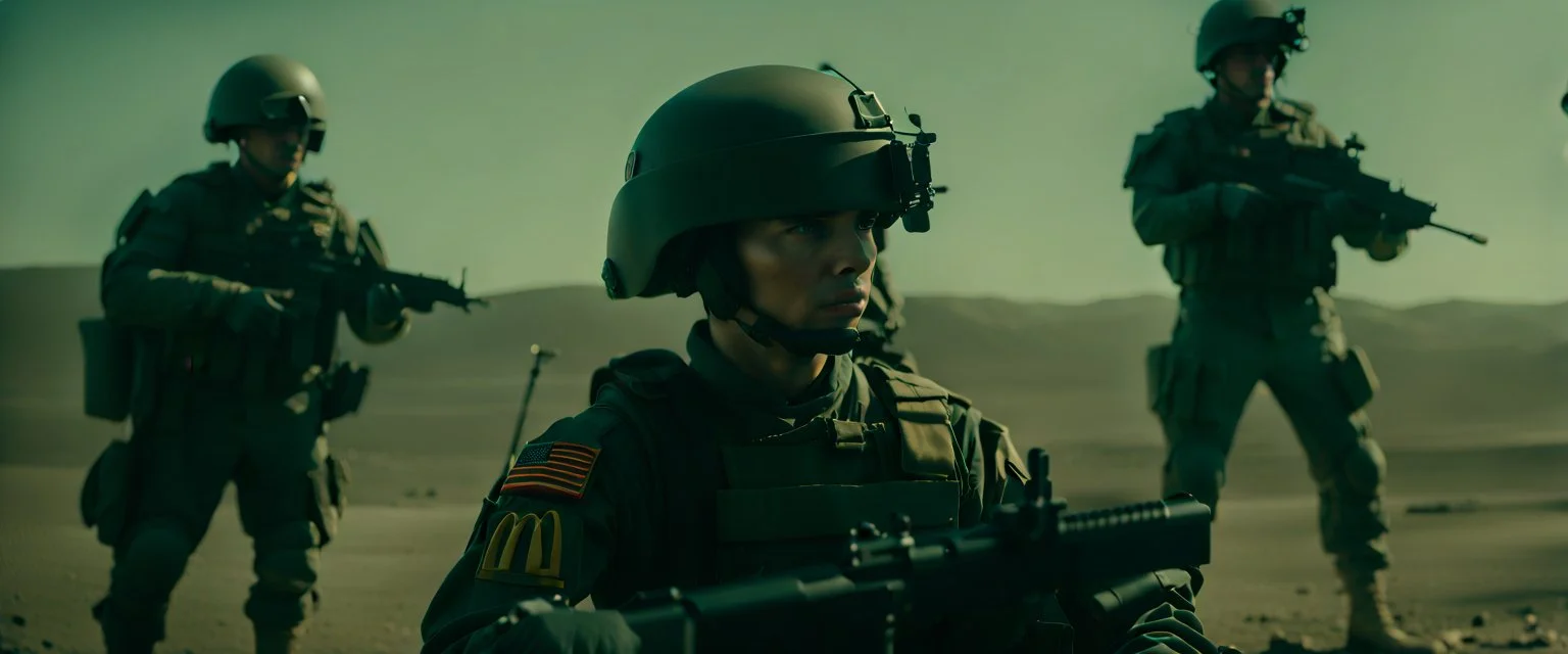 War Film but instead of U.S.A. soldiers it's McDonalds soldiers, Cocola Brand Military Drones, cinematic, Fuji Film, Anamorphic lens, 2040s, deep depth of field, in a Cyber punk WW3 film