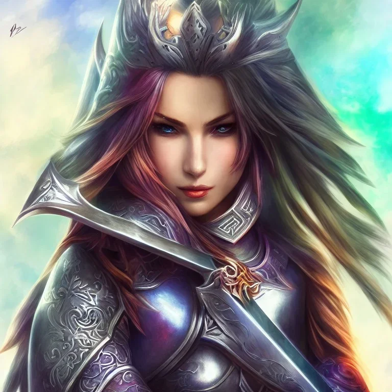 fantasy art style, female, attractive, 8k, full body, leather armors, full great sword, silver shoulder length hair, vibrant bright colorful silver eyes, slight scar on cheek, details,texture, detailed lightning, wrist guard armors, vibrant colors, no background