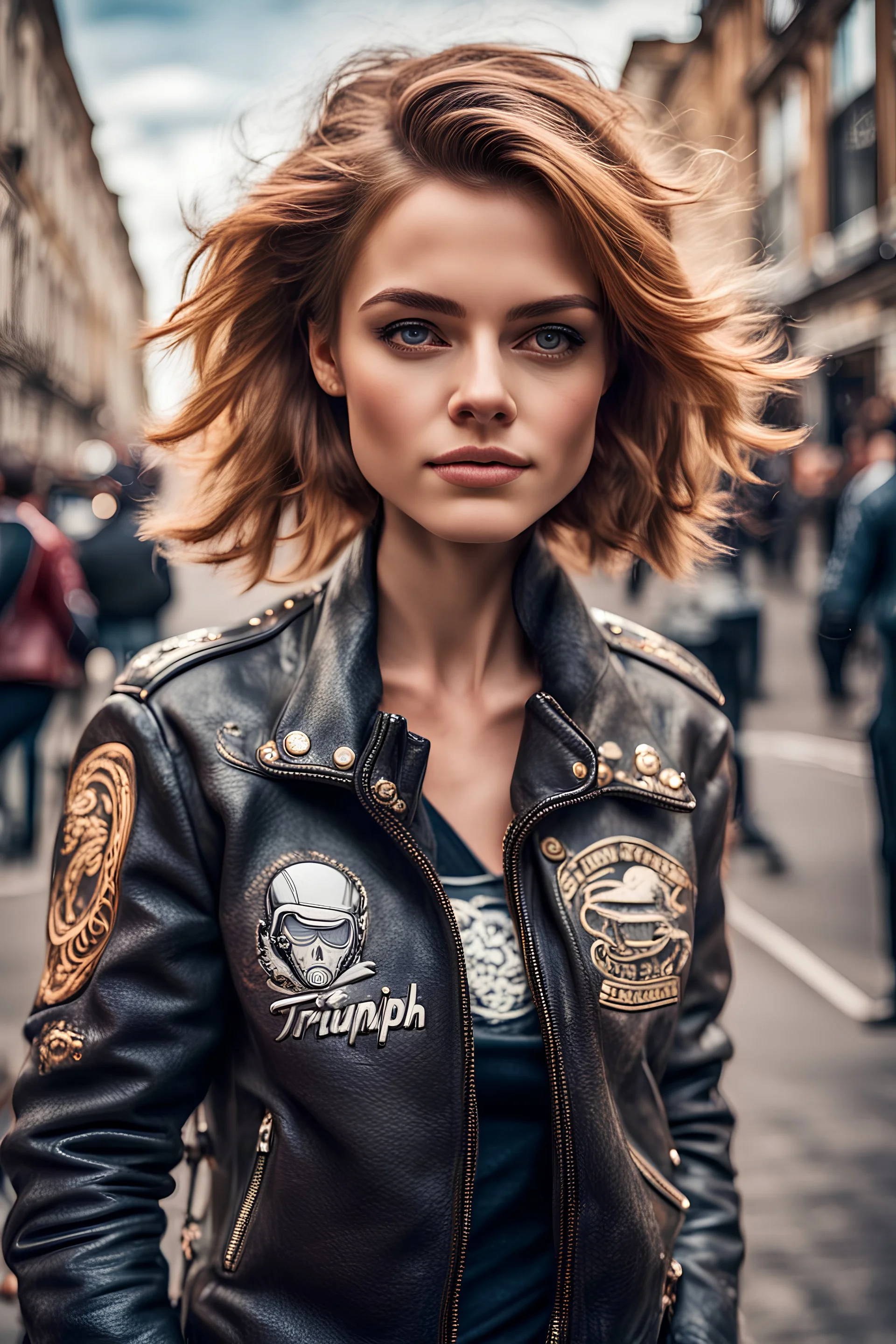 adorable Triumph girl with Café Racer jacket on her back and looking at camera, without helmet on the London street ,half body,complex, epic, bright, high quality art, beautiful face, intricate details,