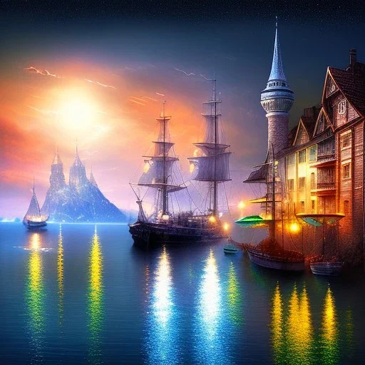 Fantasy city, cove, dock, night, large