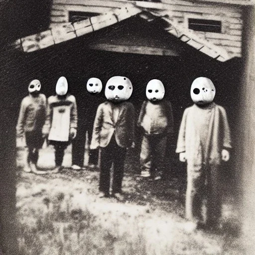 Creepy old photo, folk town strange masks