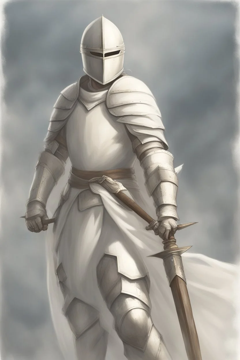 Picture of a knight wearing white armor and white cape with white helmet, holding a spear