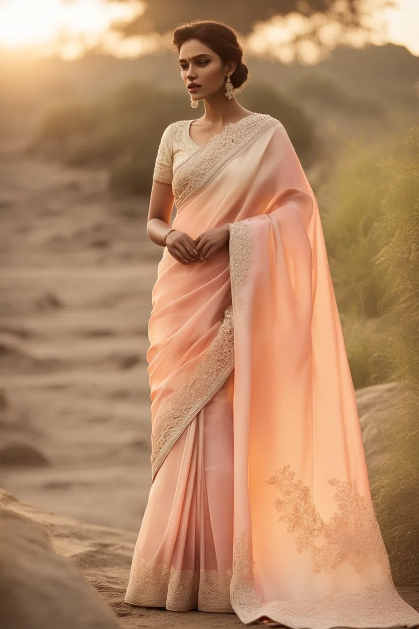 A floor-length silk sari with delicate hand-embroidered floral motifs along the border.Pastel shades with a gradient effect from top to bottom, mimicking the colors of a calm sunset.Blouse with intricate lace detailing, adding a touch of modernity to the traditional sari.