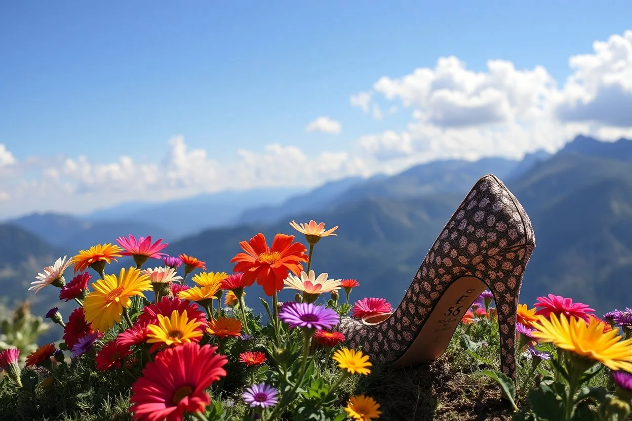 beautiful heels full flowers colorfull ,blue sky pretty clouds ,some strange flowers with love sumbol ,wonderfull mountains at distance