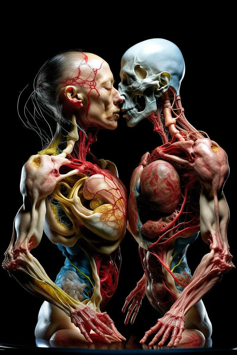 cinematic gore photorealistic fleshy dmt lsd photo of 2 bodies making love, 1 male 1 female, 1 soul, complementary, anatomically fragmented, ripped apart again being flayed, skinned alive. A beating heart, muscles, blood vessels, bowels, entrails are exposed. anatomy. physiology. Bosch and Dali inspired hallucinations. mythology. grotesque.