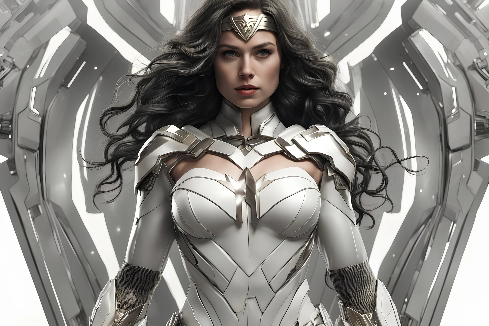 A realistic white wonder woman in a titanium cybernetic suit, detalhado, designe perfeito, alta qualidade arestas perfeitas e simetricas ::n_desenho de estilo, Low-quality imperfection, boneco, game, anime