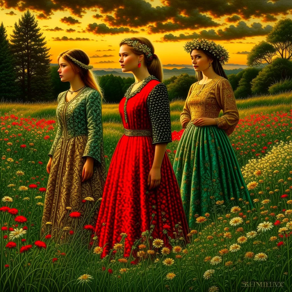 Scandinavian women, midsummers eve, traditional, pagan, painted, digital painting, 24k, high resolution, highly detailed, ornate, meadow with flowers and trees, art by Manuel Sanjulian