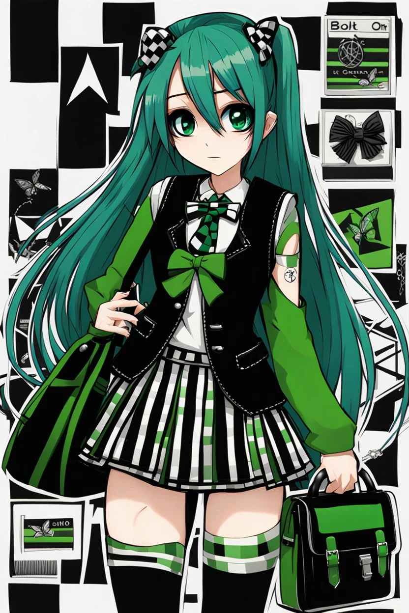 Full body image , punk-goth, schoolgirl chic, Blue Streaks, one cute bag ((hair color is combination of black and white hair)), long hair, straight hair, green skin, big eyesplaid skirt, stripe blouse, Checkerboard Bow, Stitched Jacket, Black Vest, Knee-High Socks, Bolt Necklace, Bolt Earrings, Stitched Dress, Platform Heels, mary jane shoes, Green Skin, Neck Bolts, Pet Watzit, Torn Tights, Electric Personality, sophisticated,, beautiful woman, ((background: school,,)) hyper realistic,