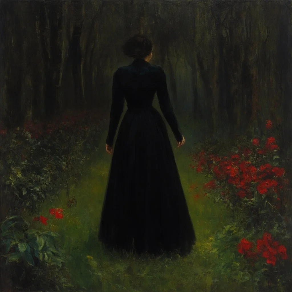 Night, one woman in black dress from behind, forest, red flowers, vegetations, creepy, gloomy, lgothic dark influence, oscar bjorck paintings, and carl bloch paintings