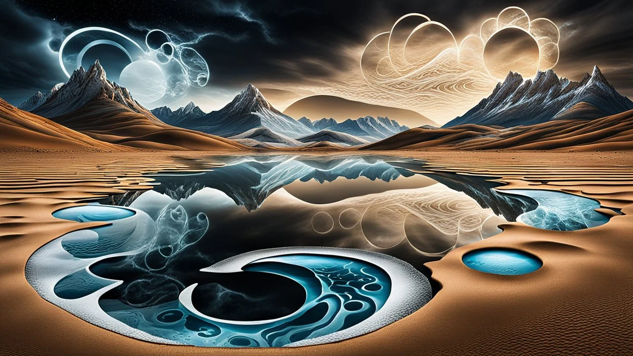 Abstract Landscape with surreal iced desert, mountains, iced water, reflections. The scene features circles and ovals, all enhanced by overlapping shadows and reflections, adding depth and dimension. The sky is dramatic, filled with swirling dark clouds and lightning, creating an intense atmosphere. In the scene old bones lying in sand in the right side. The color palette consists of rich, deep hues, shadows and lights, watercolor and dark ink, like a dark dream