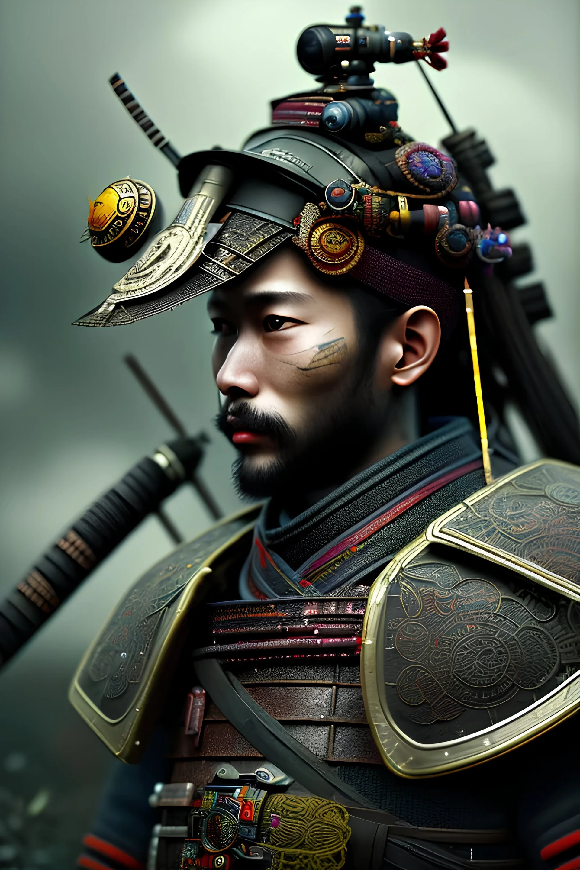 full portrai of black samurai gaspunk,high detail, volumetric lighting, tiny features, intricate detail,volumetric clouds