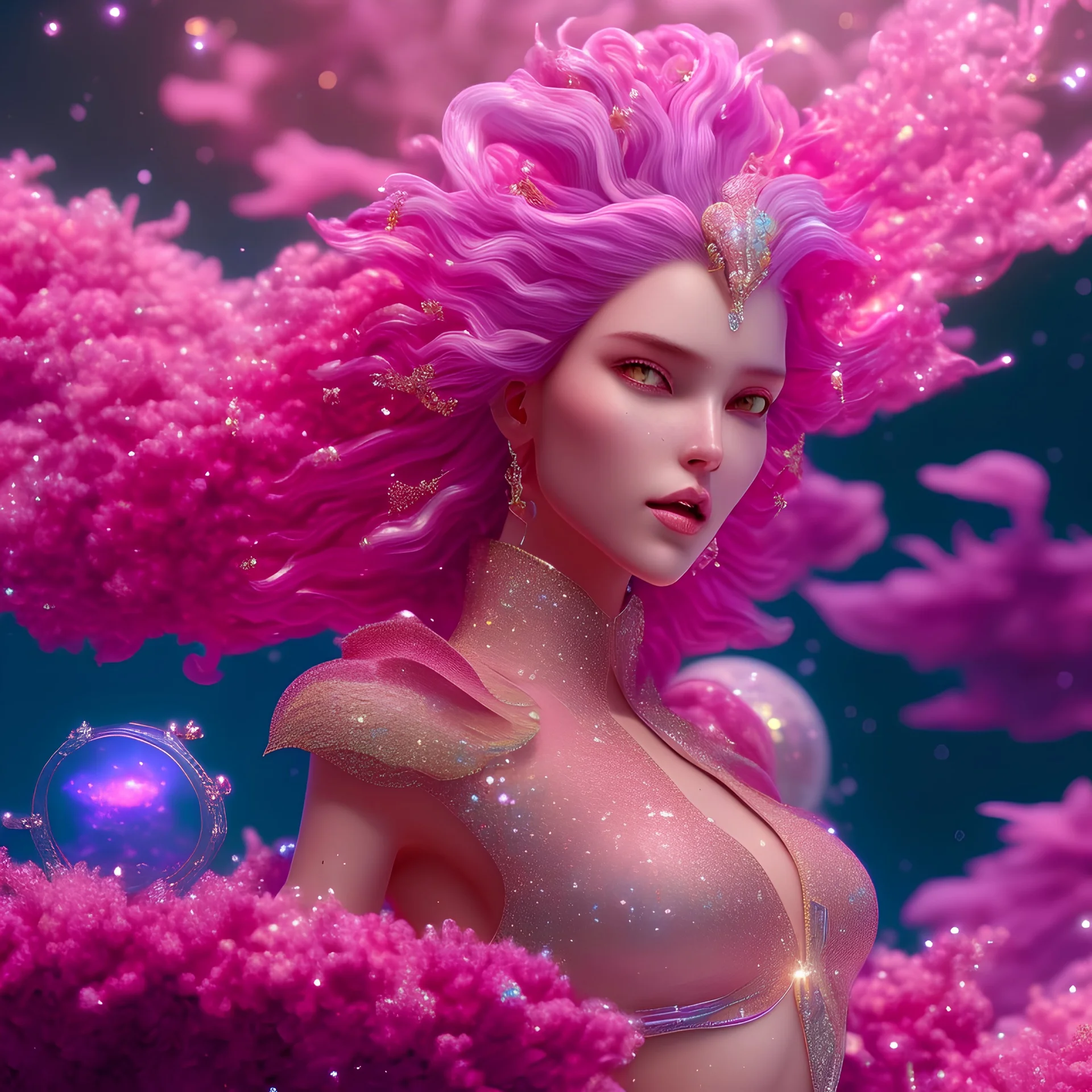 mermaid, glitter pink in a galactic ambiance, delicate colors in the foreground, full of details, smooth, light effect，vaporwave colorful, smooth, extremely sharp detail, finely tuned detail, ultra high definition, 8 k, unreal engine 5, ultra sharp focus