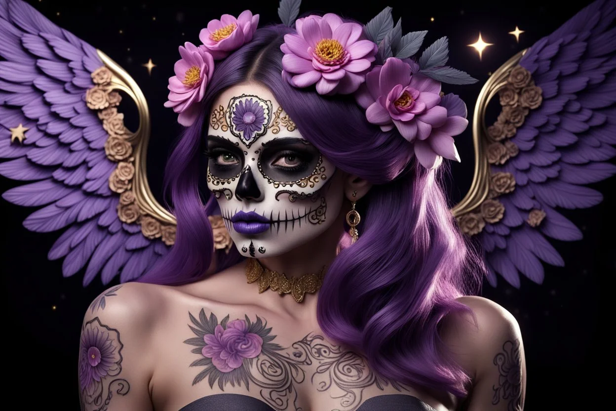 beautifull girl sugarskull,whit tattoo, pretty eyes, big wings, photography, volumetric lighting, ultra-detailed photography, black background, Perfect anatomy, super high resolution + UHD + HDR + highly detailed, hyperrealistic, dynamic lighting, purple, gold, PINK colors, STARS BACK AND MOON, FLOWERS PURPLE ARROUND