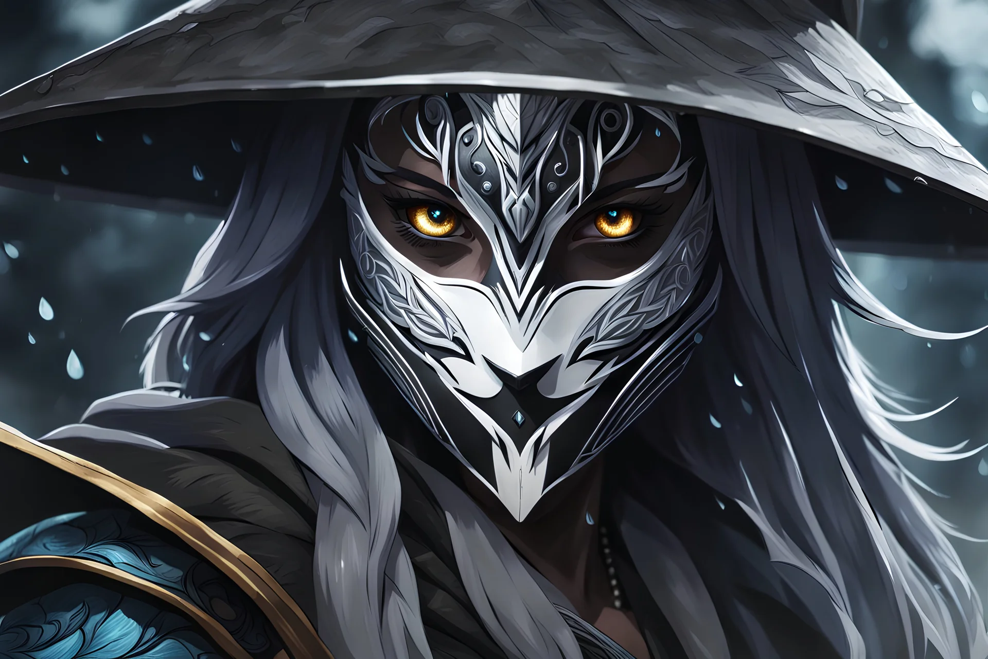 kindred with her mask in 8k anime realistic drawing style, ronin custom , close picture, rain, apocalypse, intricate details, highly detailed, high details, detailed portrait, masterpiece,ultra detailed, ultra quality