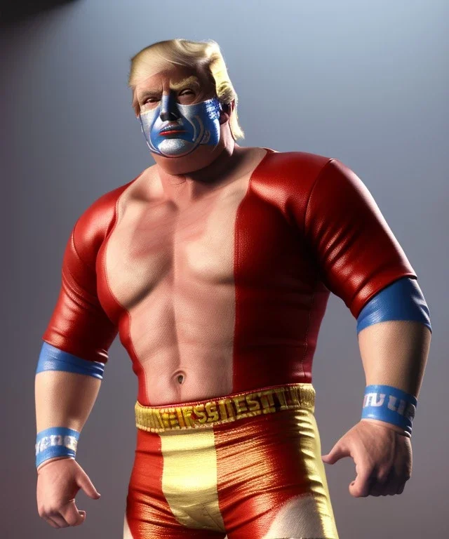 Realistic image of Donald trump wrestler, Mexican wrestling, mask makeup, red and blue breeches, suspenders, retro style, 80s, red, gold, vibrant color, highly detailed, clean background, concept art, unreal engine 5, god rays, ray tracing, RTX, lumen lighting, ultra detail, volumetric lighting, 3d, finely drawn, high definition, high resolution.