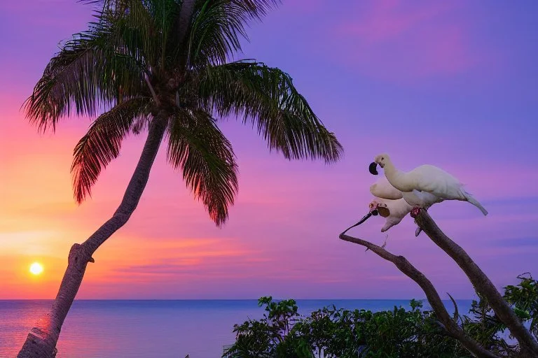 cockatoos, tropical paradise island, sunset