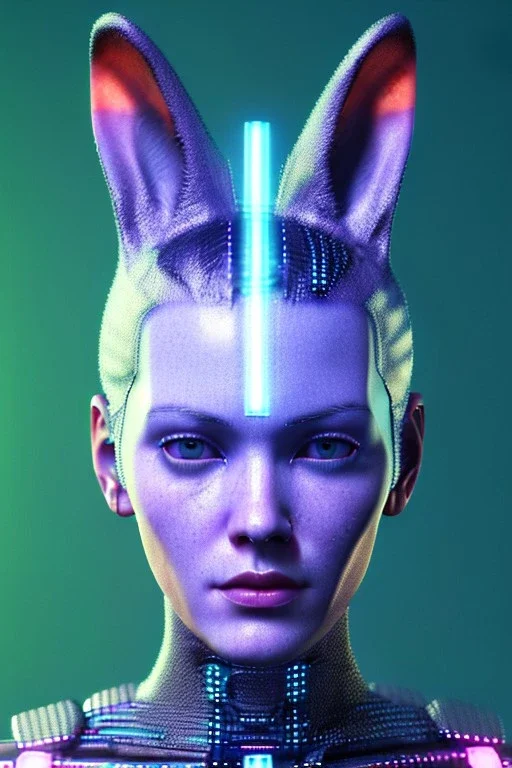 Medium Close Up Portrait, Front image. cyberpunk, rabbit mask, sweet woman, short hair. latex suit. Pink, silver, blue, color. Chanel style. Color background, photo studio. highly detailed, concept art, smooth, unreal engine 5, ray tracing, RTX, lumen lighting, ultra detail, volumetric lighting, 3d, finely drawn, high definition, high resolution.