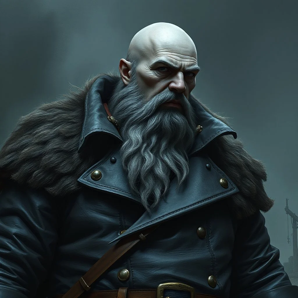 A large grey-skinned man with a heavy leather coat fantasy grimdark realistic