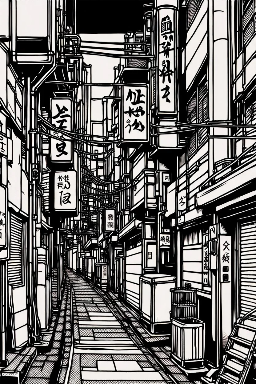 Tokyo alleys, greyscale, line arts,