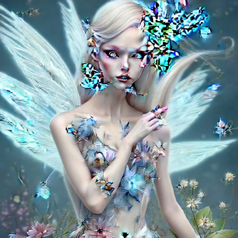 Fantasy cute fairy with wings, smiling, make up, long blond platinum hair, blue eyes, crown, beautiful dress, flowers in background, HQ