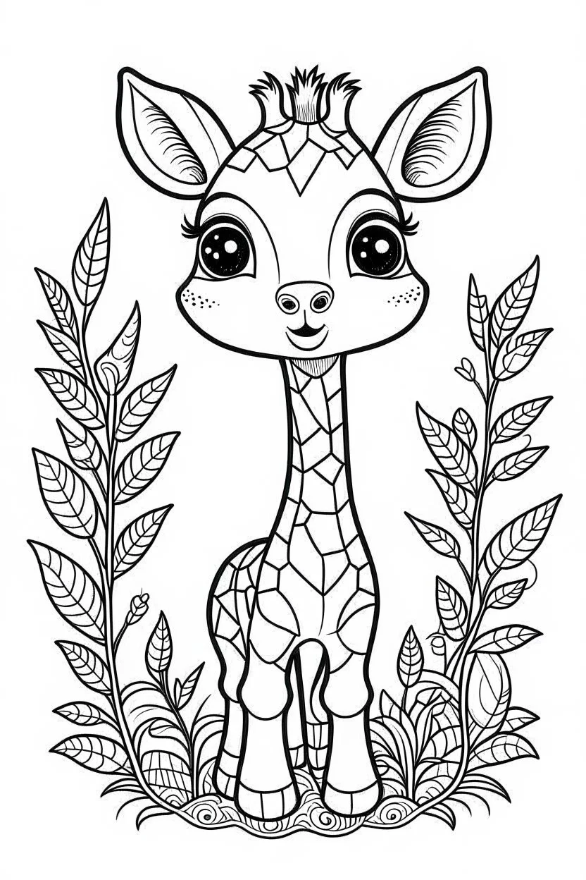 cute coloring page, sketch style, cute baby giraffe in the jungle, cute cartoon, white and black, withe background, no shadows, outline.