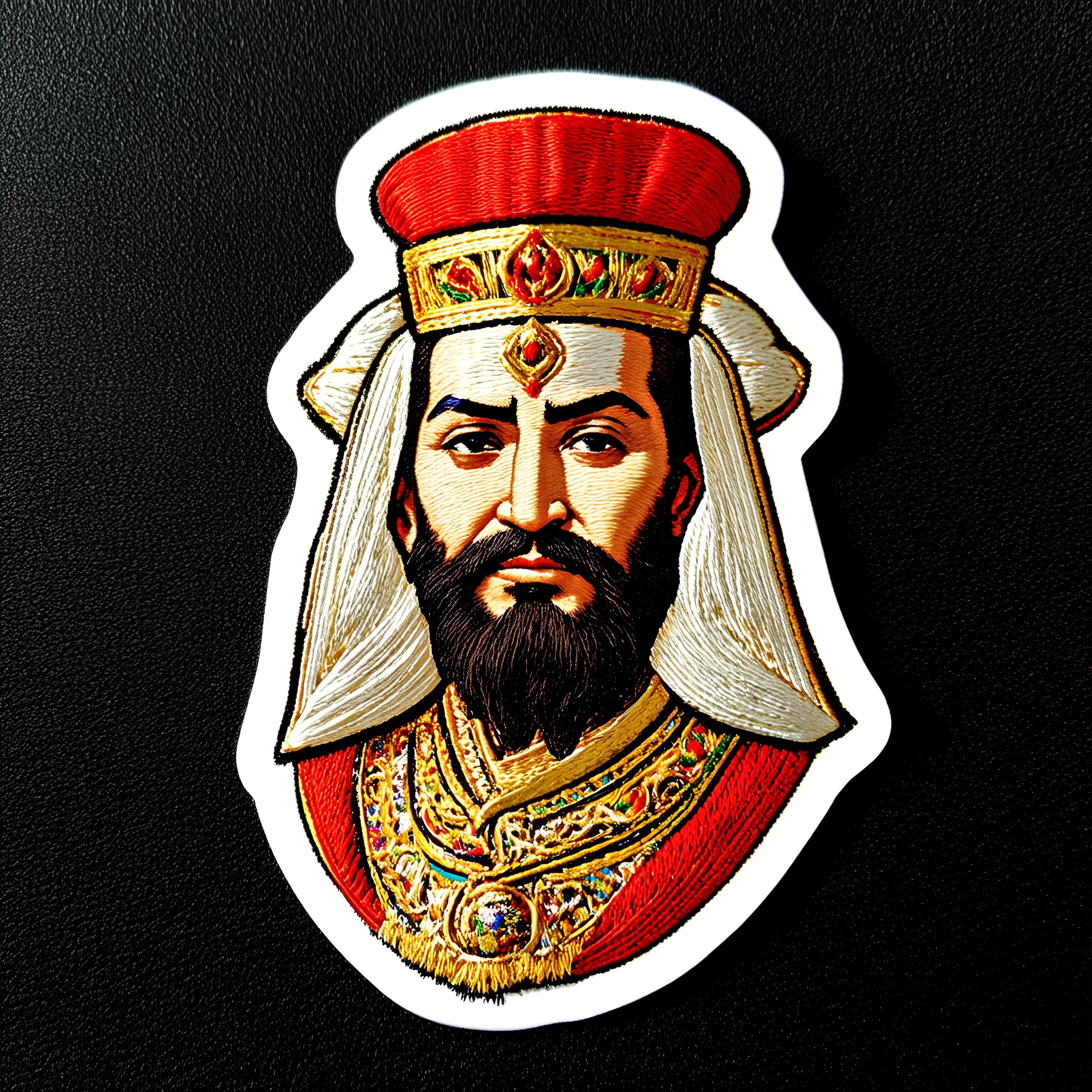 A sticker of Persian king, colorful, Embroidered style, on a solid color black background.