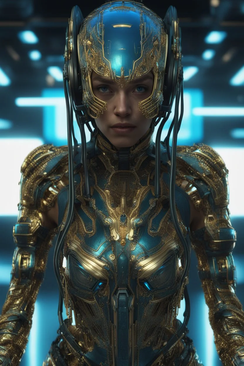 woman wearing a cyberpunk style shiny and slimy gold helmet with robotic features, the reflection on her face is made of glowing blue wires with intricate details, hyper realistic photography in the style of editorial pose, photorealistic, 8k, high render --v 6. 0 --ar 9:16