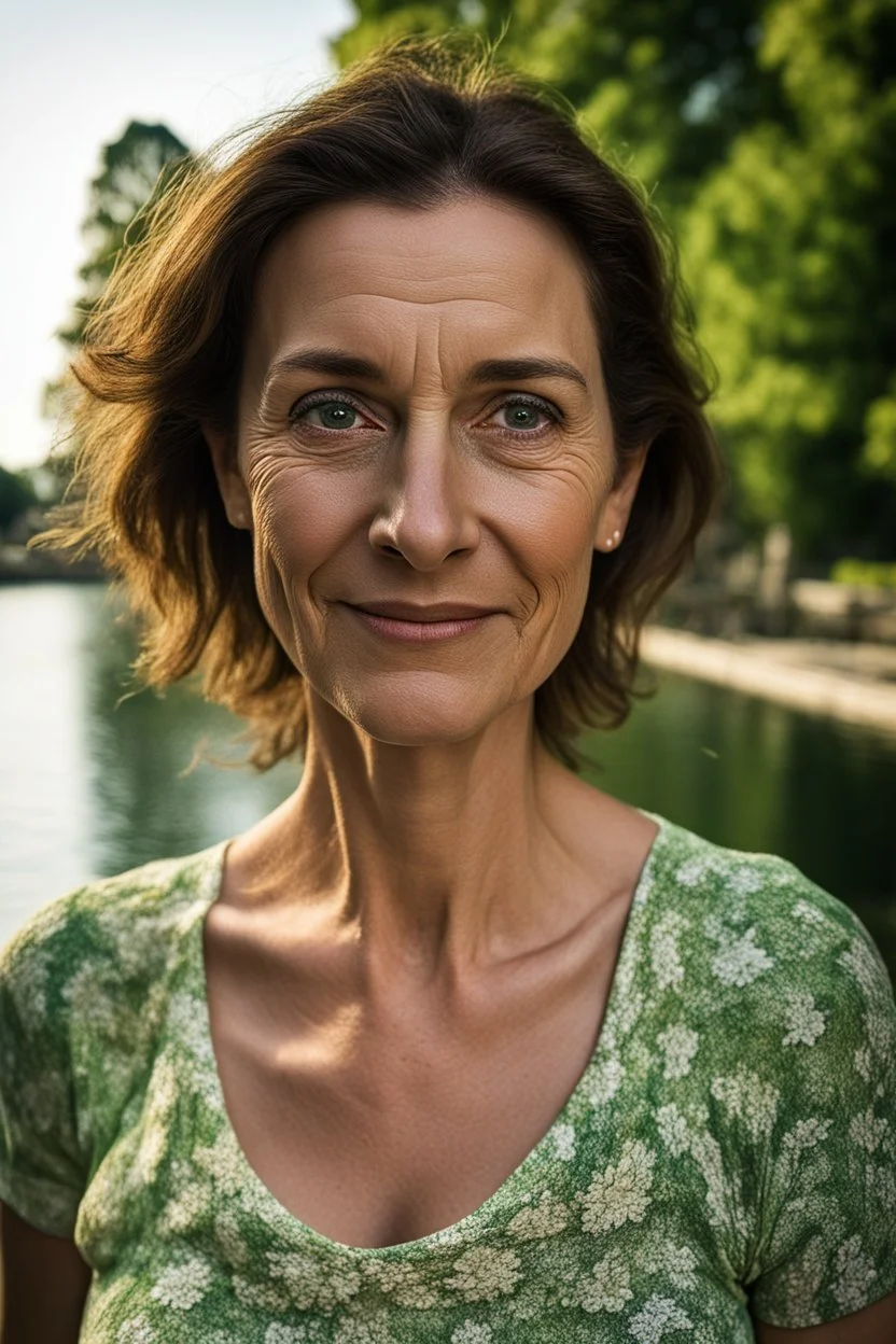 Act like a street photographer. Create a realistic photograph of a small Italian town at Como Lake in late spring with a portrait of a 40-year-old, young look as her age, beautiful, slim Polish woman with brown hair and green eyes. Use a 24 mm lens and a Fuji T30 camera for mild light, warm, golden hour photos from a distance, elegant red dress for a dinner, sensual pose