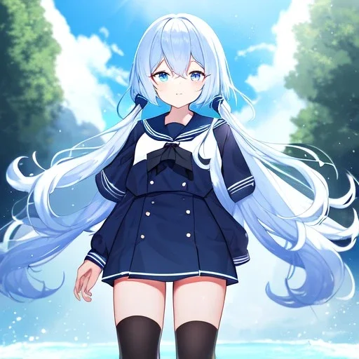 Clear focus, High resolution, long fluffy light blue hair, hair between eyes, long locks, wearing a sailor uniform, wearing a sailor skirt, long black socks, 1girl