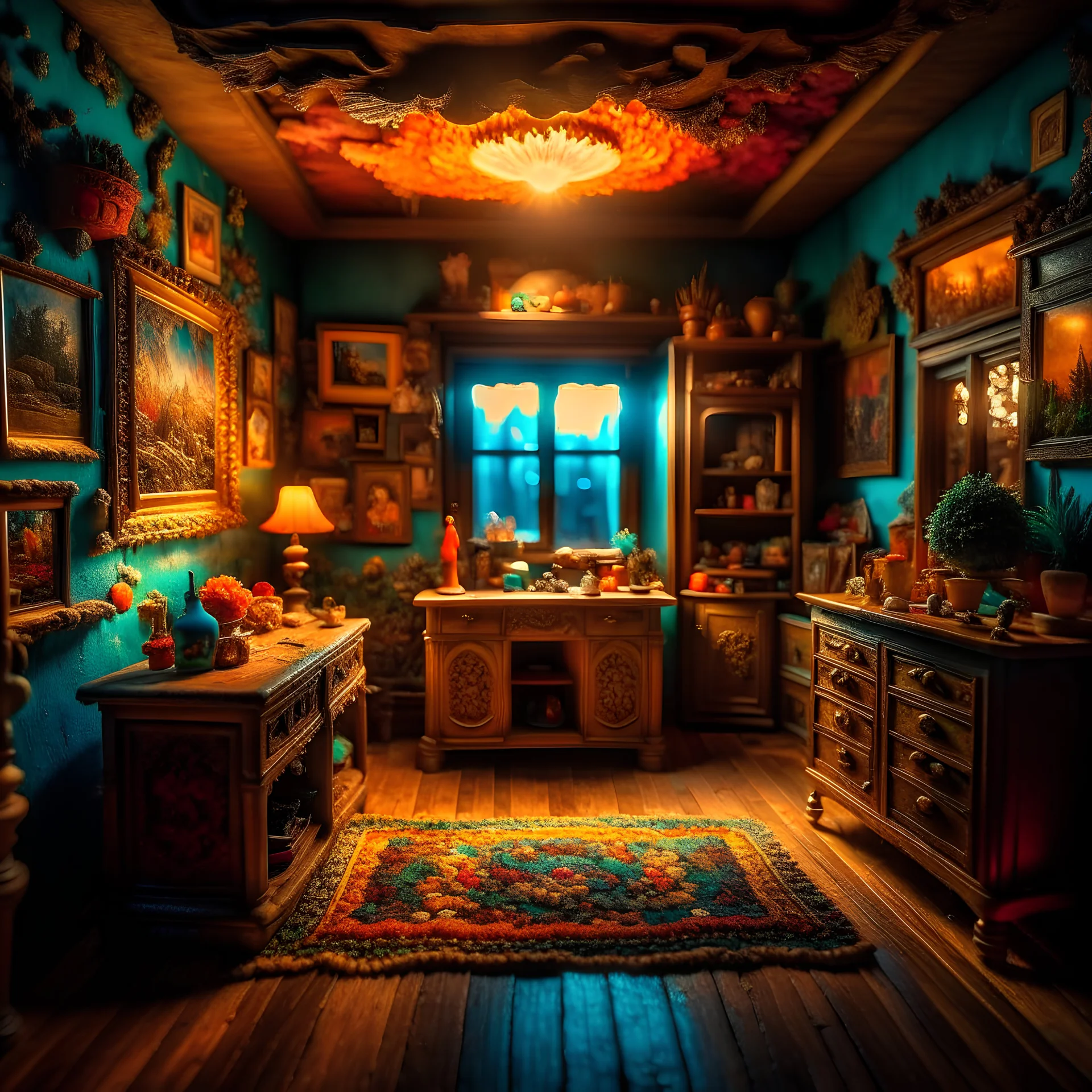 Diorama of old room, sharp focus, 8k, 3d, very detailed, volumetric light, fine art, very colorful, ornate, 35mm, F/2.8, insanely detailed and intricate, hypermaximalist, super detailed, decadent