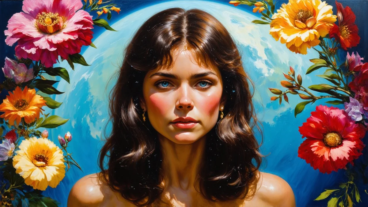 beautiful girl ,mugshot, Planet of the Vulcans, multicolored, large, floral designs, atmospheric, beautiful, oil painting by Frank Frazetta, 4k UHD, Photorealistic, professional quality