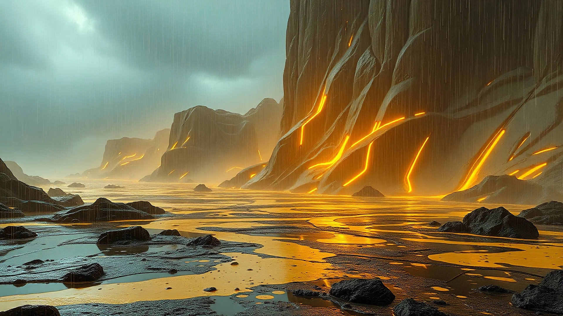 rainy landscape covered in sulfur and oil that looks futuristic with futuristic lighting, realistic rendering