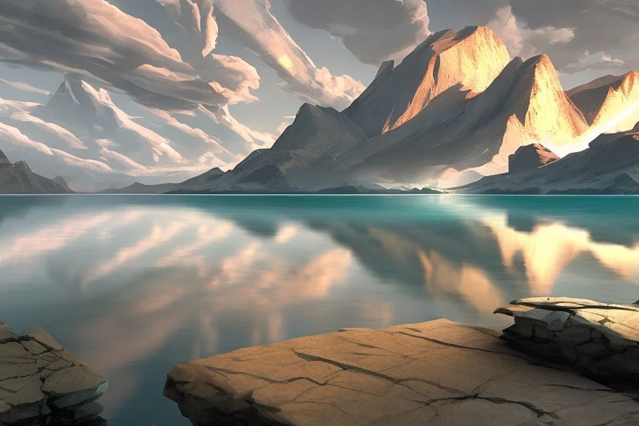 rocks, lake, clouds, epic, sci-fi