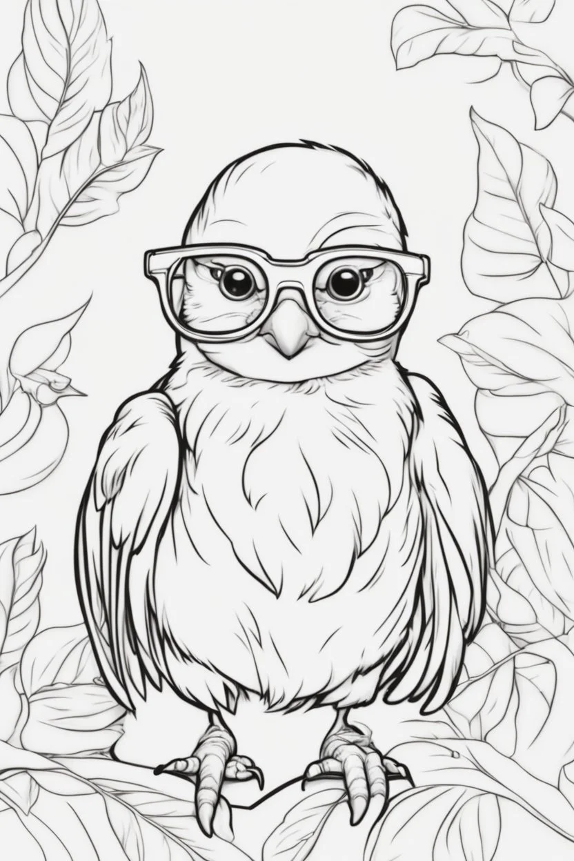 Outline art for cute coloring pages with bird with glasses, full body, white background, sketch style, only use outline, clean line art, no shadows and clear and well outlined.