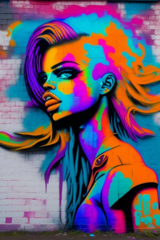 graffiti art on the brick wall portraying a female super model posing confidently, 8k, highly detailed, centered, epic composition, graffiti art, splash art, street art, spray paint, oil gouache melting, acrylic, high contrast, colorful polychromatic, ultra detailed, ultra quality, CGSociety