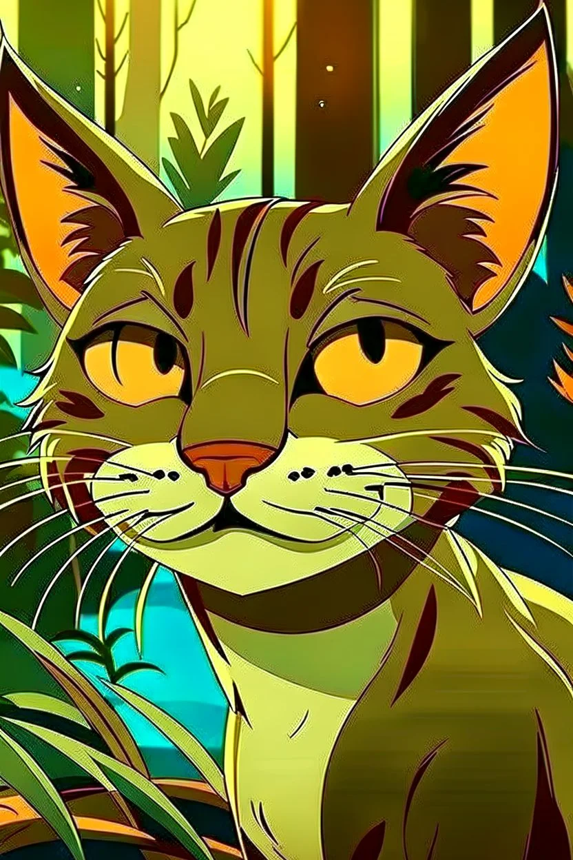 An animation of a beautiful jungle cat, front view, comic style