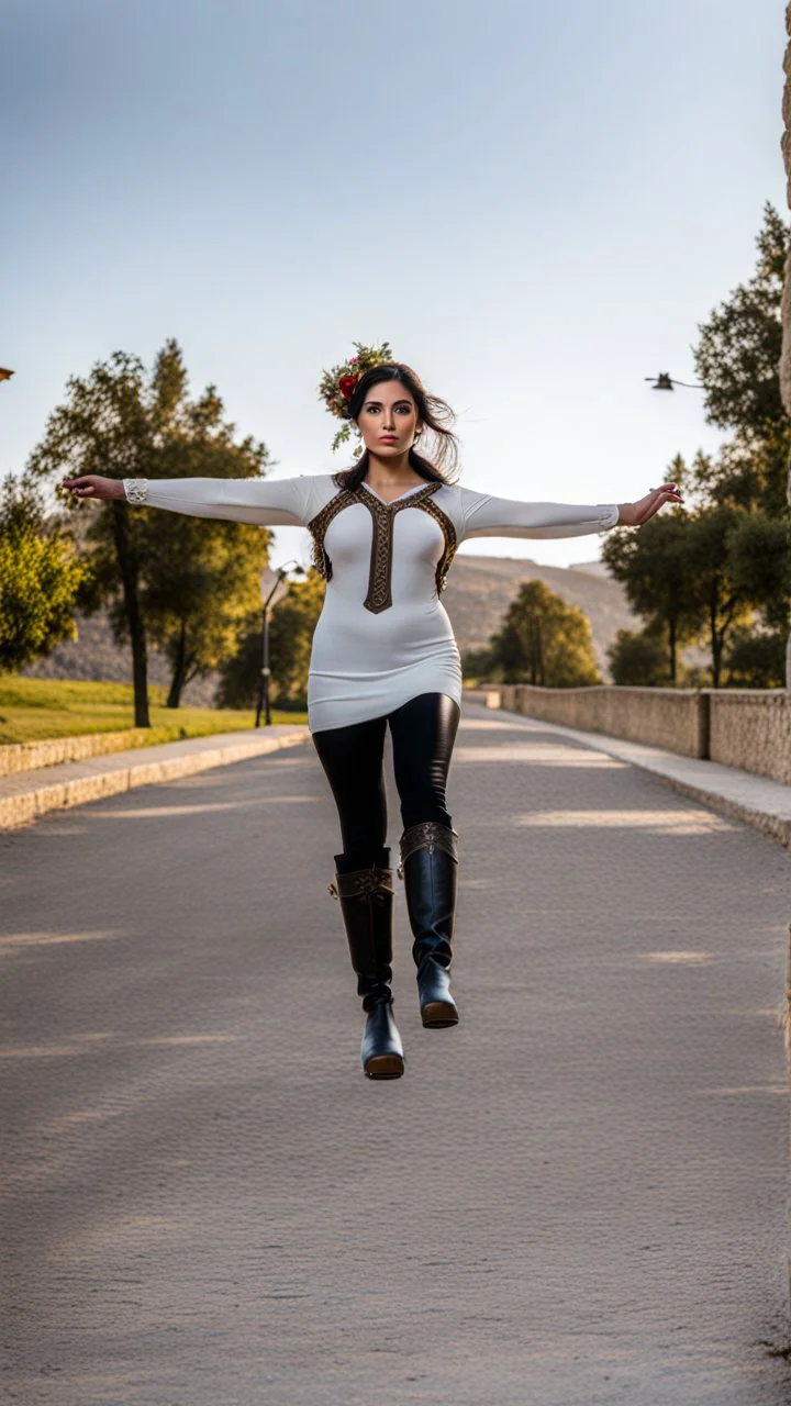 A full-body shot of an azeri lady,long boots